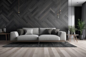 Monochrome living room with wood and grey tiling accents