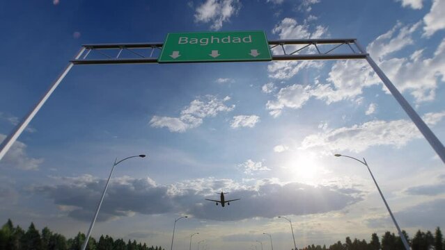 Baghdad City Road Sign - Airplane Arriving To Baghdad Airport Travelling To Iraq