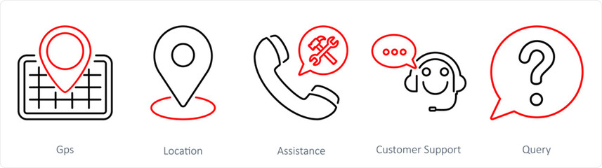 A set of 5 Contact icons as gps, location, assistance