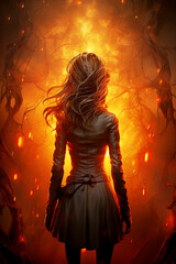back of the girl is a sorceress against background of fire in the forest. Cover for a fairy tale book