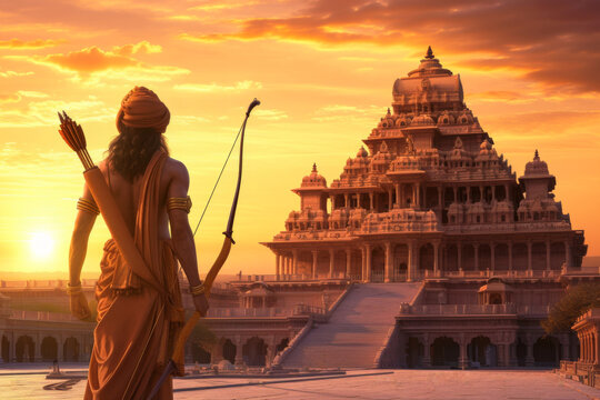 Hindu god Lord Ram holding a big bow looking at the Ram Temple