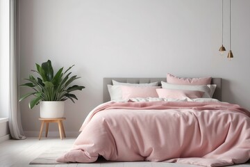 small table with a plant standing next to a bed with pink bedding in bedroom interior with white wall