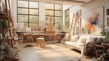 Renaissance-style art studio flooded with natural light to enhance the creative atmosphere. Featuring an artistically inspired interior wall design