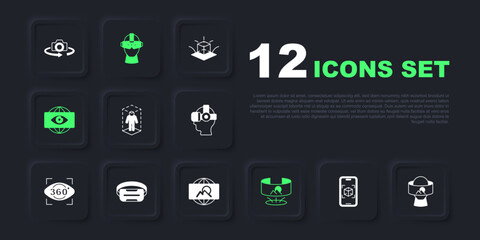 Set 3d modeling, Virtual reality glasses, 360 degree view, Big brother electronic eye, and Wide angle picture icon. Vector