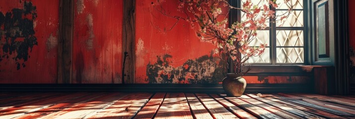 Vintage Red Wallpaper in Haunted Room - Grungy Texture with Floral Pattern