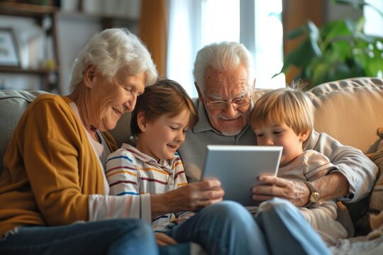 Intergenerational Bonding: Grandchildren and Grandparents Together with Digital Tablet at Home