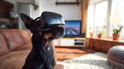 Cinematic photograph of chiuaua dog wearing a vr headset.