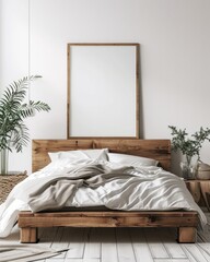 Modern Scandinavian Bedroom Interior with Empty Poster Frame Mockup