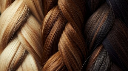 Closeup hair braids. Different types and colors of braided hair.  - obrazy, fototapety, plakaty