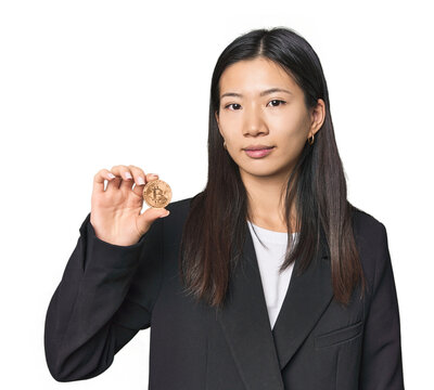 Chinese woman with Bitcoin coin