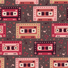 Valentine's Day Love Song Mixtapes on Old Burgundy Seamless Pattern Design