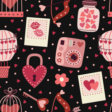 Valentine's Day Romantic Memories on Black Seamless Pattern Design