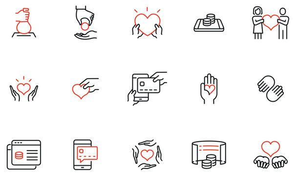 Vector Set of Linear Icons Related to Online Donation and Sponsorship, Charity and Funding. Mono line pictograms and infographics design elements