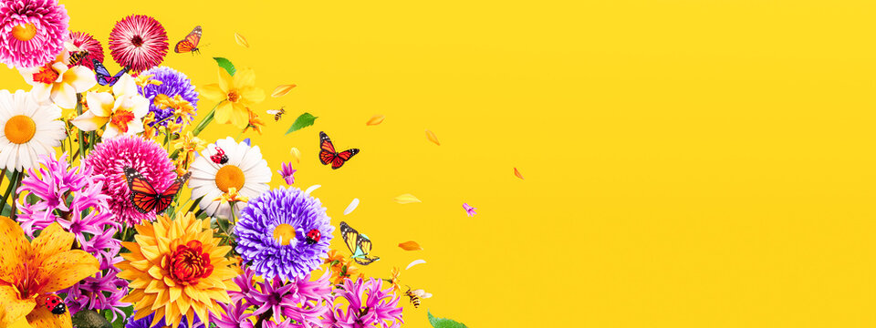 Beautiful colorful spring flowers with butterflies on vibrant yellow background with copy space. 3D Rendering, 3D Illustration