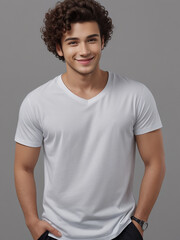 Street Style White T-Shirt Mockup Featuring Young Man Model in Grey Background Ideal Template for Print Design on Casual Apparel, Ai Generated.