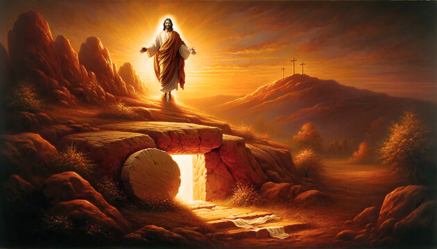Oil painting illustration of resurrection of Jesus Christ with empty tomb sunbeams