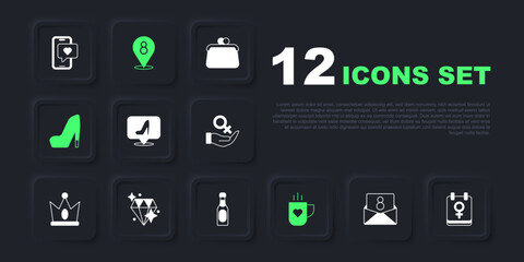 Set Envelope with 8 March, Calendar, Woman shoe, Coffee cup and heart, Diamond, and Champagne bottle icon. Vector