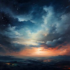Fototapeta premium Oil painting of the night sky with fluffy clouds.