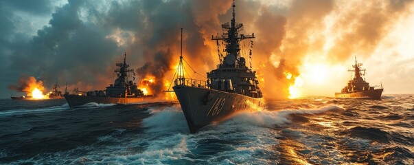 wide banner of missiles being launched out of warboats destroyers for military special navy missions concepts - Generative AI - obrazy, fototapety, plakaty