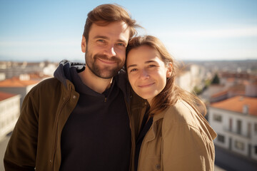 Photo portrait of couple man and woman. About 20-30 years old. Casual clothes. Standing outside in sunny day in the city hugging looking at the camera and smiling. Happiness travelling dating concept.