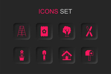 Set Garden trowel spade or shovel, Pack full of seeds, Wooden staircase, Farm house, Gardening scissors, Bird, Tree and Flower pot icon. Vector