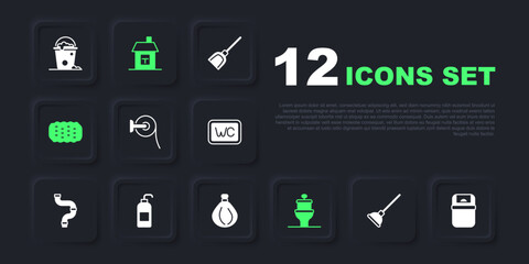 Set Rubber plunger, Trash can, Toilet paper roll, bowl, Sponge, Antibacterial soap, House and Garbage bag icon. Vector