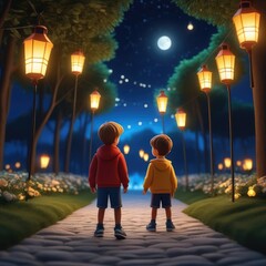 small children with lanterns in the dark, cartoon characters