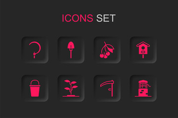 Set Sprout, Shovel, Sickle, Scythe, Bird house, Well, Fresh berries and Bucket icon. Vector