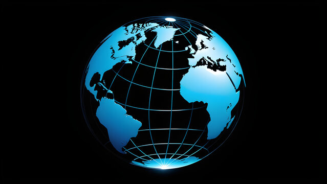 earth globe on black. 3d globe network icon. isolated on a black background. With black copy space