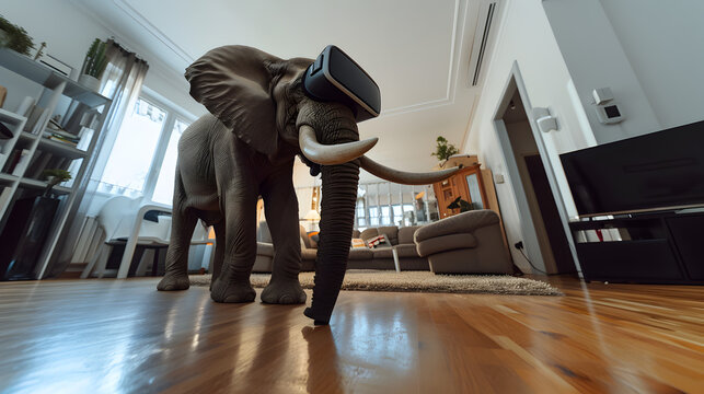 Cinematic photograph of elephant wearing a vr headset.