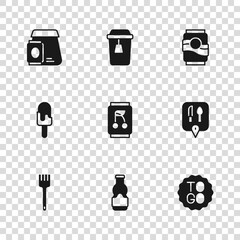 Set Sauce bottle, Cafe and restaurant location, Coffee cup to go, Soda can, Online ordering food, Cup tea and Ice cream icon. Vector