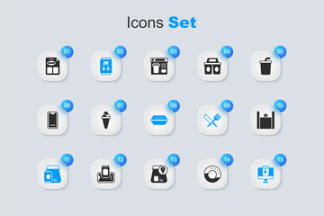 Set Donut, Ice cream in waffle, Soda can, Online ordering food, Restaurant cafe menu and Lunch box icon. Vector