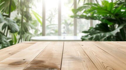 Empty Wooden Table with Greenery Backdrop