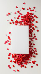 Aesthetic blank paper card mockup with red heart-shaped confetti. Luxury greeting card design concept. Generative AI