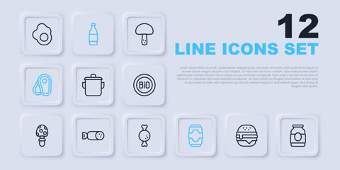 Set line Burger, Jam jar, Cooking pot, Soda can, Steak meat, Salami sausage, Bottle of wine and Chicken leg icon. Vector