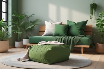Blanket and pillow on wooden bench in green apartment interior with pouf