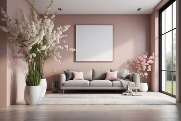 Stylish interior of modern hall with spring flowers