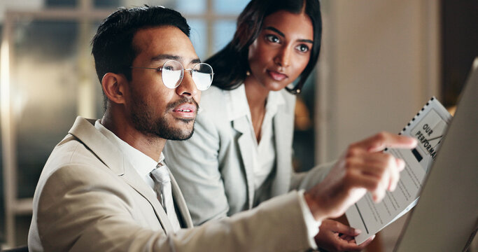 Computer, Night Or Business People Teamwork On Office Research, Planning Or Cooperation On Financial Budget Review. Reading, Report Or Finance Team Collaboration, Smile And Nodding For Growth Success