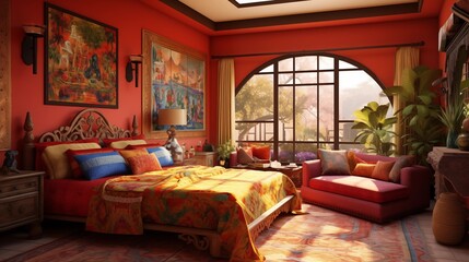 Traditional Indian-inspired bedroom with vibrant colors