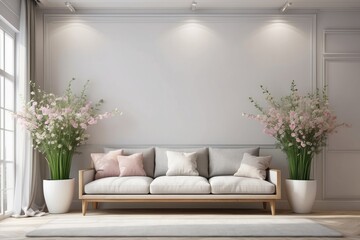 Stylish interior of modern hall with spring flowers