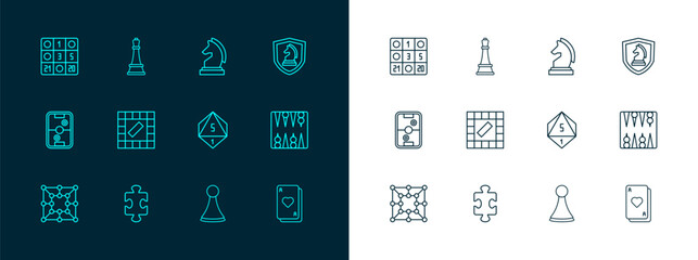 Set line Chess, Puzzle pieces toy, Game dice, Chip for board game, Board, Bingo card and icon. Vector