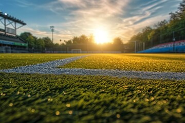 Close up of green turf of soccer field with white line marking and blurred sunset in the background