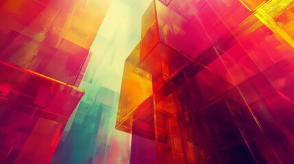 Artistic rendering of a city with tall buildings made of red, orange, yellow, and green glass - obrazy, fototapety, plakaty