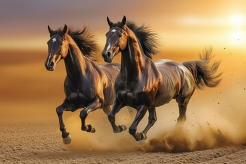 Two horses galloping in the desert at sunset