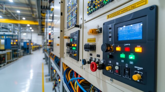 Industrial control panel with buttons and switches