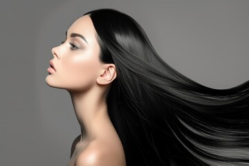 Cute charming pretty woman with silky long straight flying hair - obrazy, fototapety, plakaty