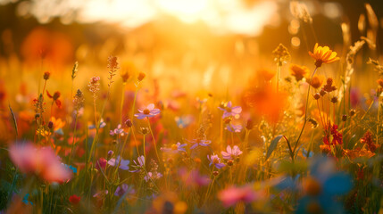 Dream fantasy soft focus  landscape of vibrant flowers at sunrise.