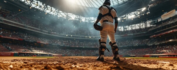 baseball player standing ready in the middle of baseball arena stadium as wide banner with copyspace area - Generative AI