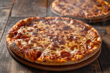 Pepperoni pizza on a wooden table