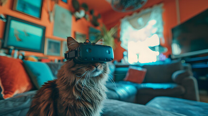 Cinematic photograph of hairy catwearing a vr headset.